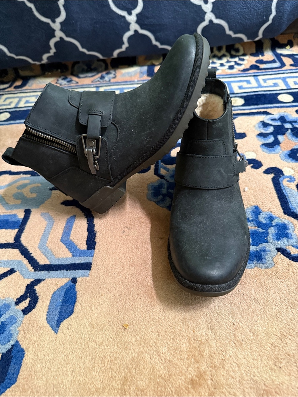 UGG Black Suede Ankle Booties with Buckle & Side Zip